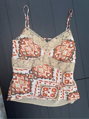 Sleeveless Lace-Trim y2k Cami Tank in Orange & Brown Print